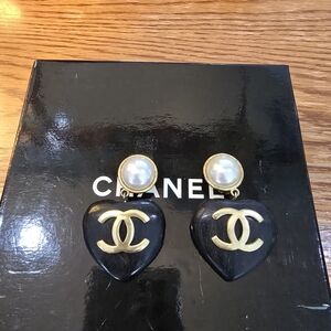 Chanel Black and Gold Heart Earrings